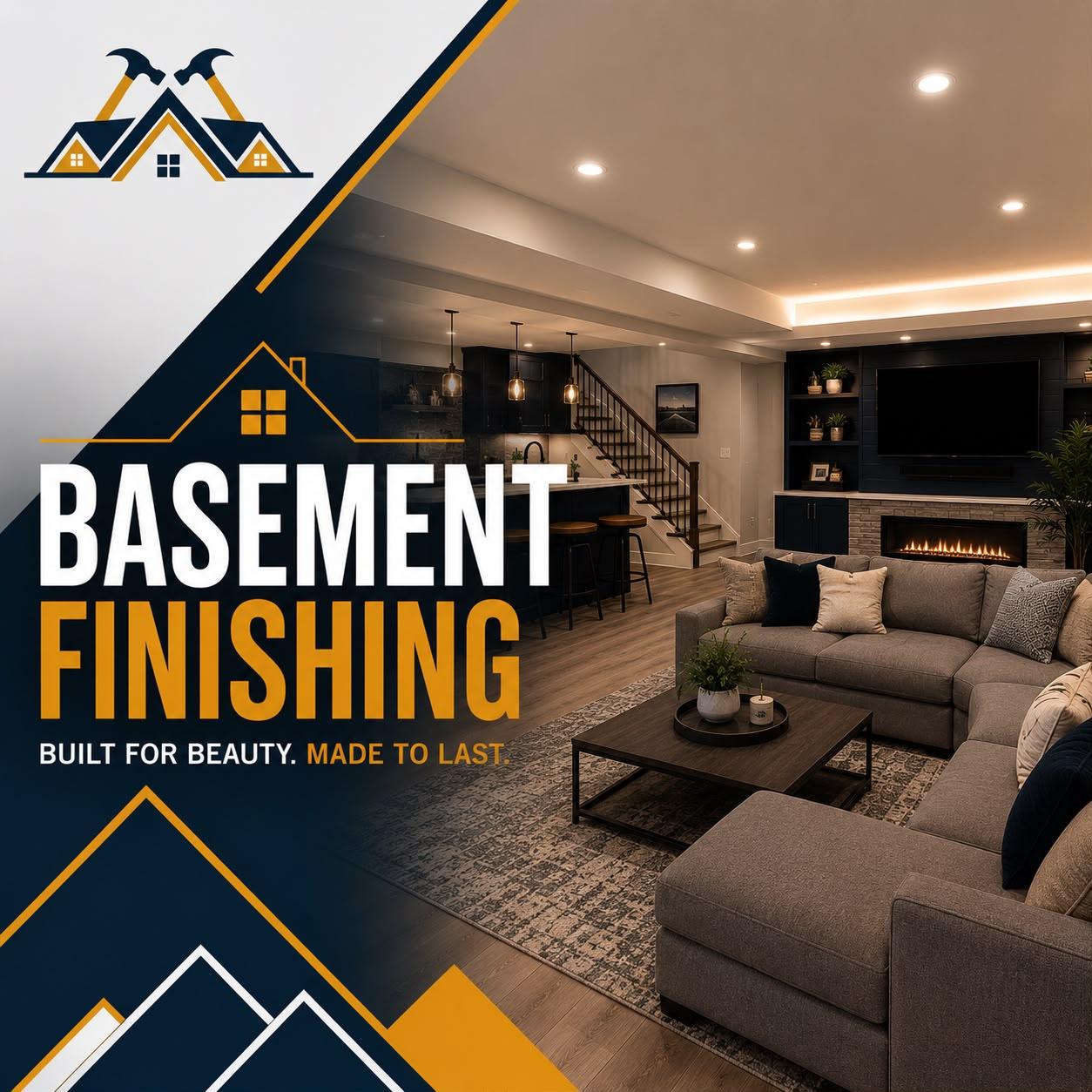 A finished basement living space by ZEFF Construction